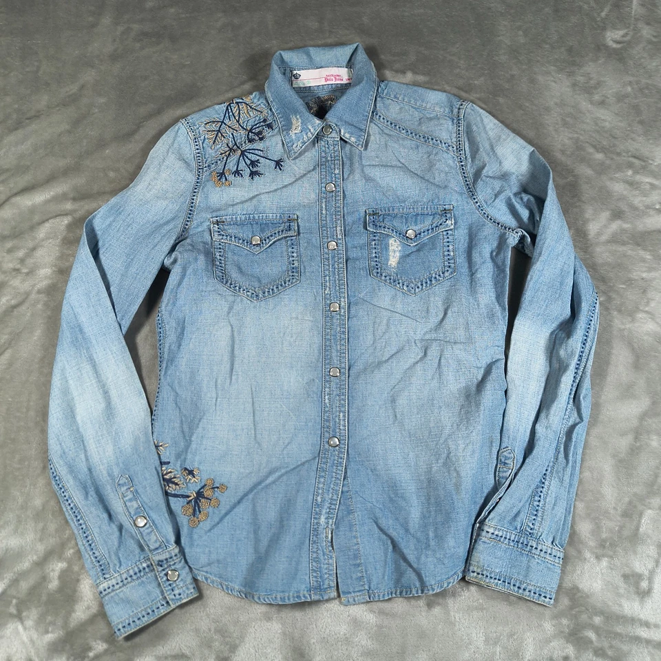 Camisa Denim Ralph Lauren Mujer Pequeña Azul Bordada Floral Western Envejecida Foto 1 de 4