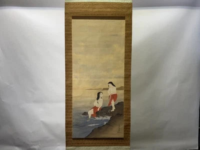 Y9586 KAKEJIKU Hermosa Mujer Firmada Caja Japón Antiguo Colgante Pergamino Interior Foto 1 de 4