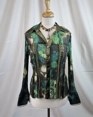 Blusa plisada de encaje con cuentas azul verdoso Y2K caprichosa gótica Fairycore soñadora romántica M Foto 1 de 4