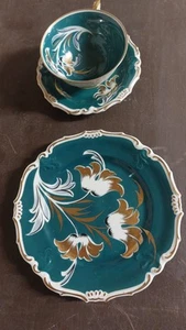 Teeservice Schwarzenhammer Bavaria handgemalt grün Blumenmuster mit gold - Bild 1 von 8
