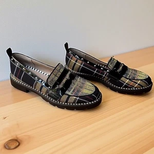 Betsey Johnson Halliee Plaid Embellished Loafers Rhinestone Pearls Black Gold 8M - Picture 1 of 7