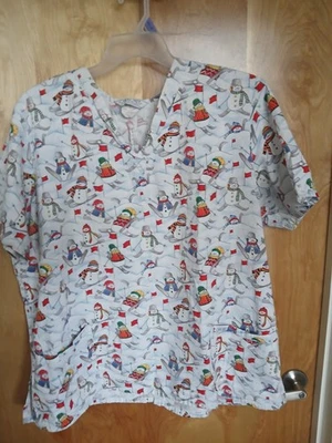 WOMAN'S 2XL WINTER SNOWMAN THEMED SCRUB TOP SHIRT BY CHEROKEE - Image 1 of 3