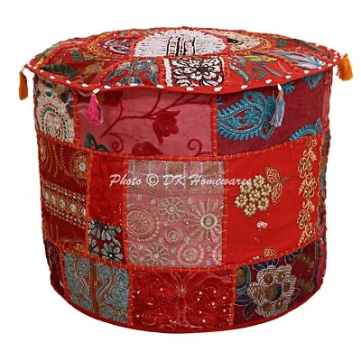 Vintage Patchwork Ottoman Pouf Embroidered Cotton Footstool Bed Room Decor - Image 1 of 3