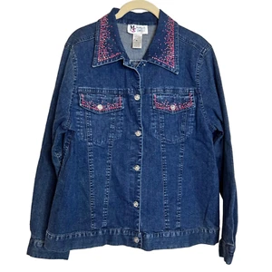 Vintage Maggie Sweet Denim Jacket Petite Small Dark Wash Blue Pink Rhinestones - Picture 1 of 4