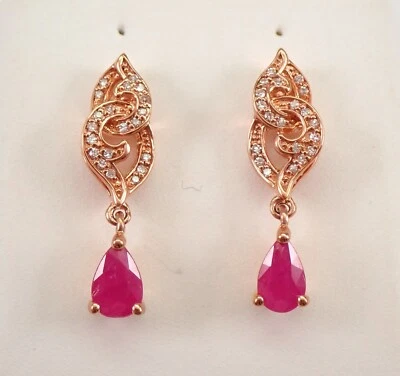 Rose Gold Ruby and Diamond Petite Dangle Drop Earrings July Birthstone - Image 1 of 4