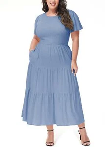 Plus Size Round Neck Flutter Short Sleeve Smocked Tiered Maxi Dress with Pockets - Picture 1 of 28