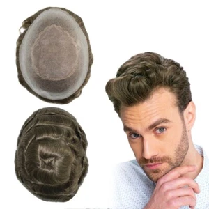 Mens Toupee Human Hair Replacement System Fine Mono Poly Gauze Hair Pieces AR#17 - Picture 1 of 8