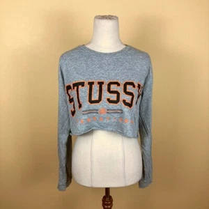 Vintage Y2K Stussy International Womens Grey Long Sleeve Cropped Top - Size 6 - Picture 1 of 9