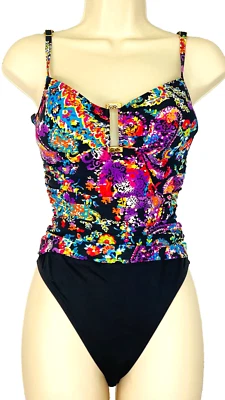 Vintage 1990s RALPH LAUREN one-piece paisley swimsuit black colorful high thigh - Image 1 of 4