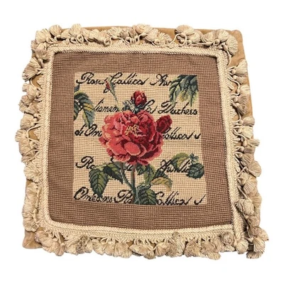 Vintage Needlepoint Rose Floral Tassel Pillow Cover 17” Square - Image 1 of 4