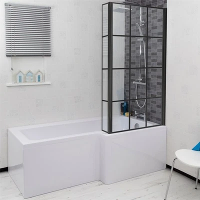 AFFINE Bathroom L Shaped Bath Black Grid Shower Screen RH Front Panel White 1700mm