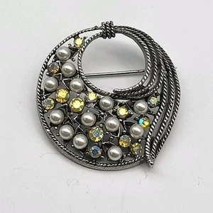 Fabulous Vintage AB Rhinestone Faux pearl Brooch pin eyeglasses holder - Picture 1 of 5