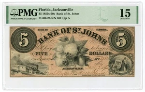 1860 $5 The Bank of St. Johns - Jacksonville, FLORIDA Note PMG Fine 15 - Picture 1 of 2