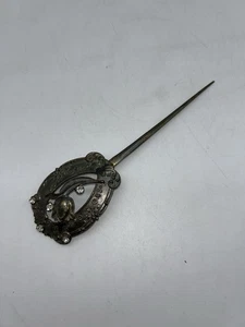 Vintage 7.5” Victorian Floral Silver-Tone Hat Pin with Rhinestones 2B - Picture 1 of 6