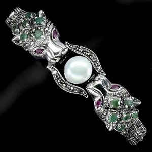 Sommer 925 Silber Armband Rund Smaragd Rubin Perle Edelstein Tiger Schmuck 7.5 - Bild 1 von 14