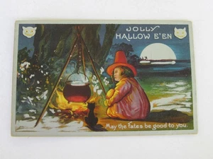 Antique 1900's "Jolly" Halloween Embossed Postcard Witch Black Cat Vtg Original! - Picture 1 of 5