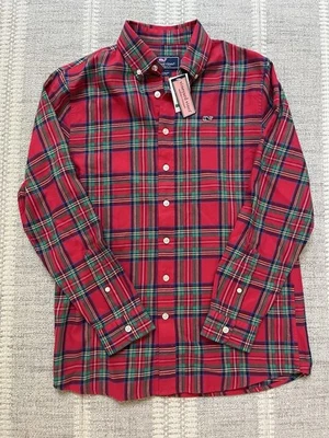 Boys Vineyard Vines Jolly Plaid Flannel Whale Shirt Calypso Red L 16 Holiday NWT - Image 1 of 3