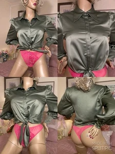 HIGH GLOSS LIQUID SATIN Sexy Secretary Mistress Dagger Collar Balloon Slv Blouse - Picture 1 of 24