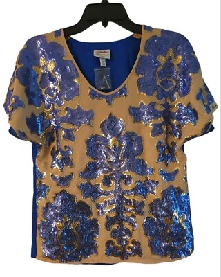 NUEVA Blusa Neiman Marcus Diseñador Lentejuelas Cuello en V XS Azul Real Dorado Club Wear Foto 1 de 4