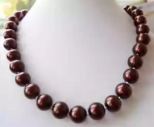 Beautiful!14MM Chocolate Shell Pearl Round Beads Necklace AAA+ Hand Knotted - Imagen 1 de 2