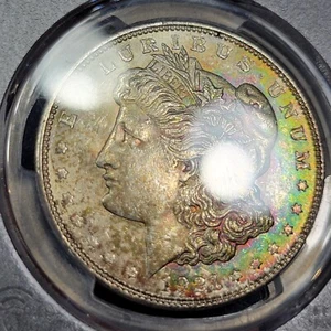 1921 $1 Morgan Silver Dollar RAINBOW NEON GREEN TONING PCGS MS61 Flashy Gem J100 - Picture 1 of 7