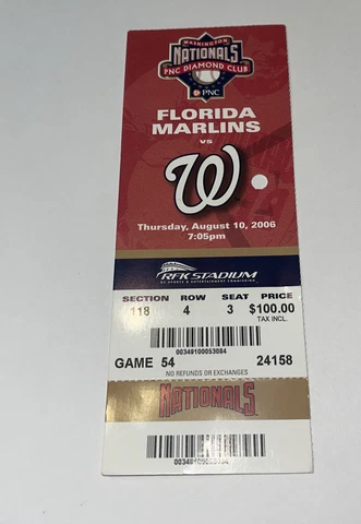 Washington Nationals Vs Florida Marlins Game Day ticket Stub. 8/10/2006 Cover