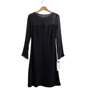 Maggy London Womens 4 Black Dress Cocktail Sequin Sheer Illusion Long Sleeve LBD - Picture 1 of 11