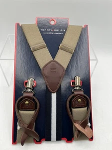 Tommy Hilfiger Convertible Suspenders Beige/Navy/Leather Button/Clip Up To 42” - Picture 1 of 22