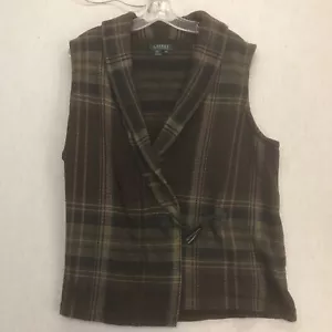 LRL Ralph Lauren Toggle Buckle Sweater Wrap Vest Brown Plaid EQUESTRIAN 1X - Picture 1 of 10