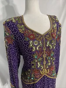 Vestido de noche Night Vogue seda con cuentas púrpura multicolor XL manga larga abertura - Imagen 1 de 21