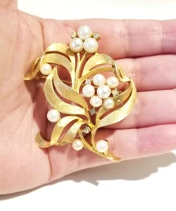 *Vintage Krone Trifari gebürstet Gold Perle Strass Blumenstrauß Brosche selten** - Bild 1 von 6