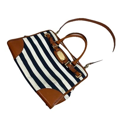 Bolsa feminina Michael Kors Hamilton azul branca lona couro listrado ombro - Imagem 1 de 4