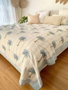 Indian Kantha Quilt Cotton Blue Palm Tree Bedspread Blanket Throw Queen Quilt