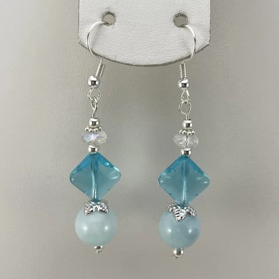 Silver Plated Blue White AB Glass Stone Dangle Earrings Artisan New Handcrafted - Image 1 of 4