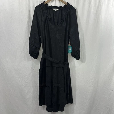 Pioneer Woman Black Jacquard Floral 3/4 Sleeve Tiered Ruffle Midi Dress Size 1X  - Image 1 of 4