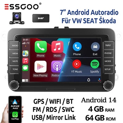 7" 4+64G DAB+ Android Autoradio Carplay Per VW Golf 5 6 Passat Touran Camera GPS - Immagine 1 di 4