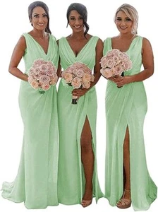 Double V-Neck Long Bridesmaid Dress Chiffon Wedding Evening Gown for Women - Picture 1 of 7
