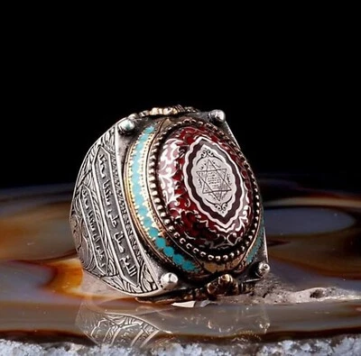 Sello del Rey Salomón, piedra ámbar rojo, grabado hecho a mano, anillo de plata 925K para hombre Foto 1 de 4