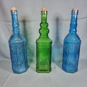 Set 3pc Decorative Cork Bottles Blue Green Clear Vintage Look 12 inches Tall New - Picture 1 of 6