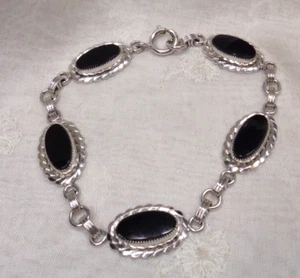 Estate Jewelry ~ 1/20 12K White GF Polished Black Onyx Bracelet ~ 7-11/16" L - Picture 1 of 7