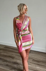 Zara Printed Patchwork V-Neck Dress Tie Green Ecru Pink XS S M L XL 3253/221 New - Picture 1 of 24