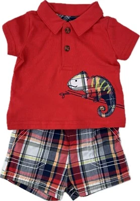 Just One You Baby 2 Pc Red Cotton Short Sleeve Polo Shirt Plaid Shorts Set Sz NB - Image 1 of 3