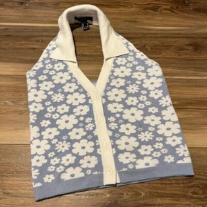 Forever 21 Floral Knit Halter Sweater Vest Button Front Light Blue White Daisy M - Bild 1 von 6