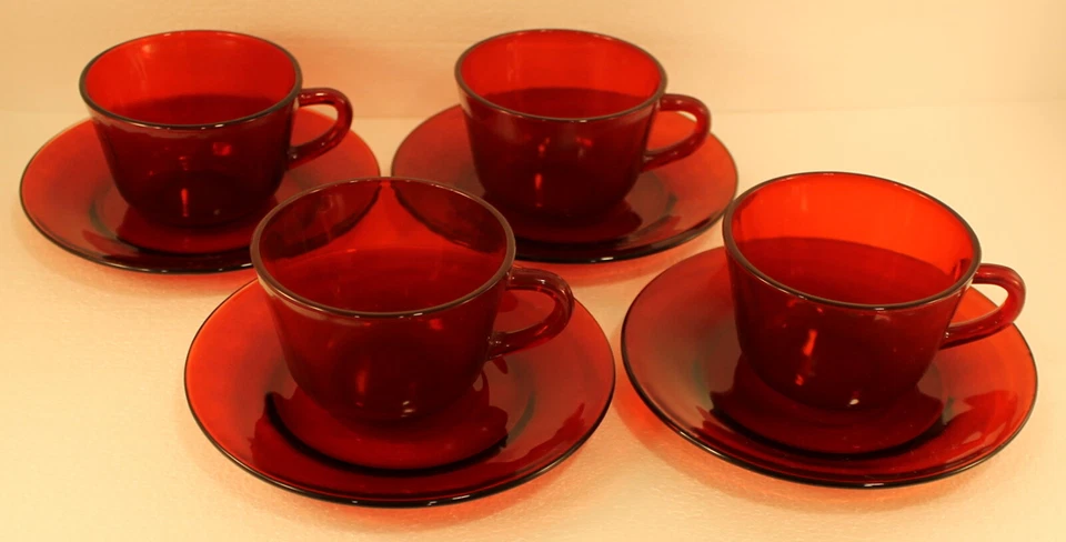 Anchor Hocking Ruby Cups & Saucers * Set of 4 * EXCELLENT CONDITION - Image 1 of 1