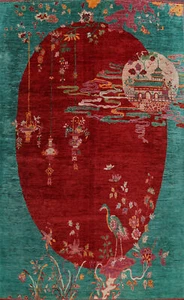 RED/TEAL 9x12 Pictorial Art Deco Nichols Chinese Oriental Area Rug Hand-knotted - Picture 1 of 20