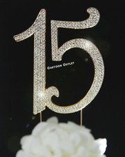 GOLD QUINCEANERA MIS 15 METAL CAKE TOPPER RHINESTONE DECORATION FANCY RECUERDOS 