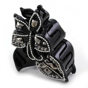 Flower Hair Claw Jaw Pin Butterfly Clip Clamp Black Rhinestone Styling Accessory - Picture 1 of 1