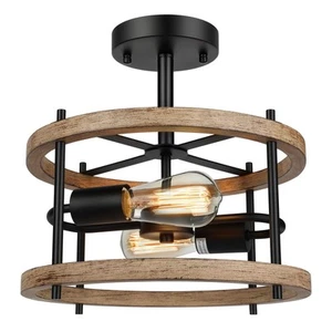 2-Light Retro Semi Flush Mount Ceiling Light Fixture, Rustic Vintage Wood Cei... - Picture 1 of 7