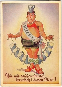 Deutscher Comic "MISS BIER" Bierkrüge Oktoberfest 1967 APO 4x6 antike Postkarte - Bild 1 von 2