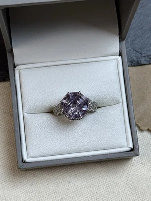 Asscher Cut Rose De France Amethyst and White Zircon Majesty Ring in Rhodium - Image 1 of 4